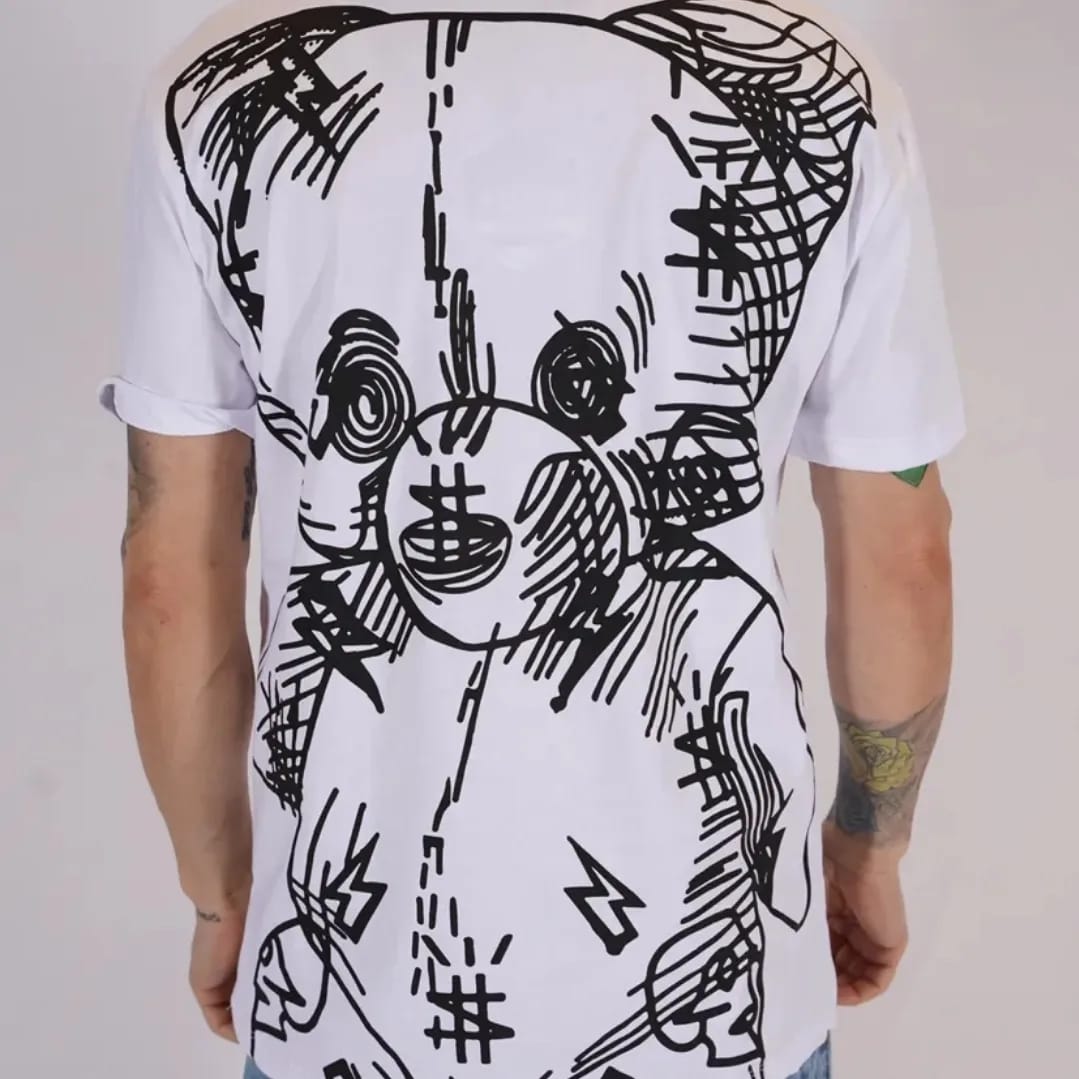 T-Shirt Bianca con Fantasia Orsetto